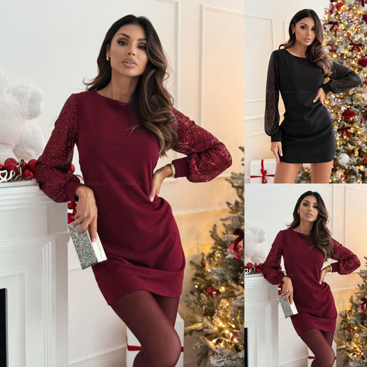 Simple Fashion Solid Color Korean Style Round Neck Sequins Long Dress