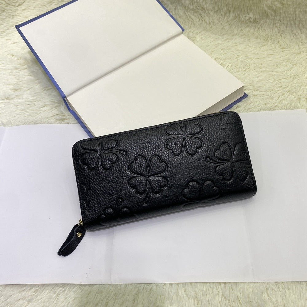 Women's Long Classic Embossed Top Layer Cattlehide Leather Ladies Wallets