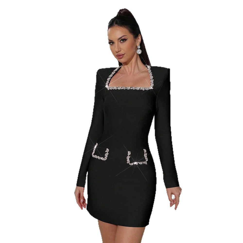 Women's Autumn Temperament Square Collar Long Sleeve Rhinestone Dresses