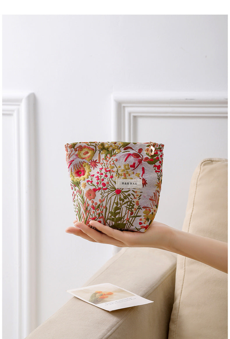 Linen Plant Embroidery Hand-held Portable Canvas Cosmetic Bags