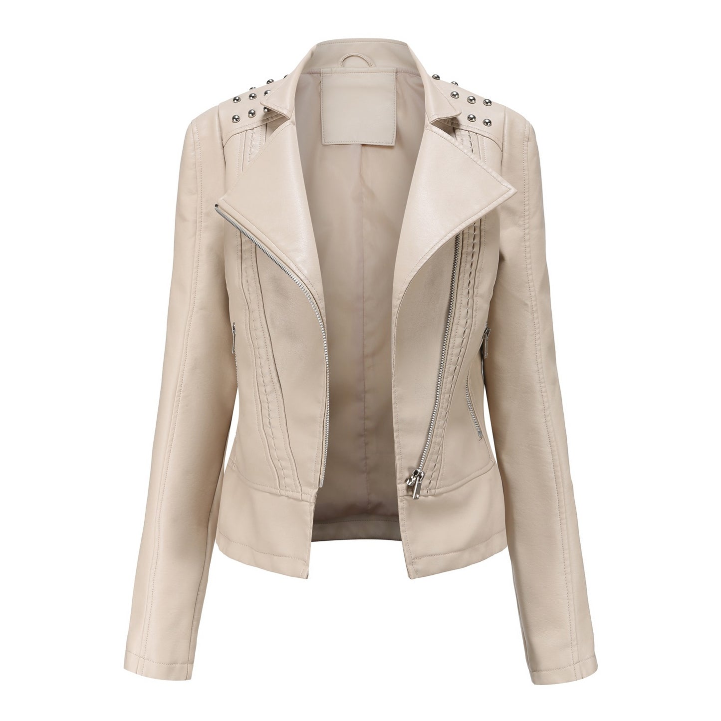Women's European Beaded Leather Long-sleeved Fashion Lapel Clothing