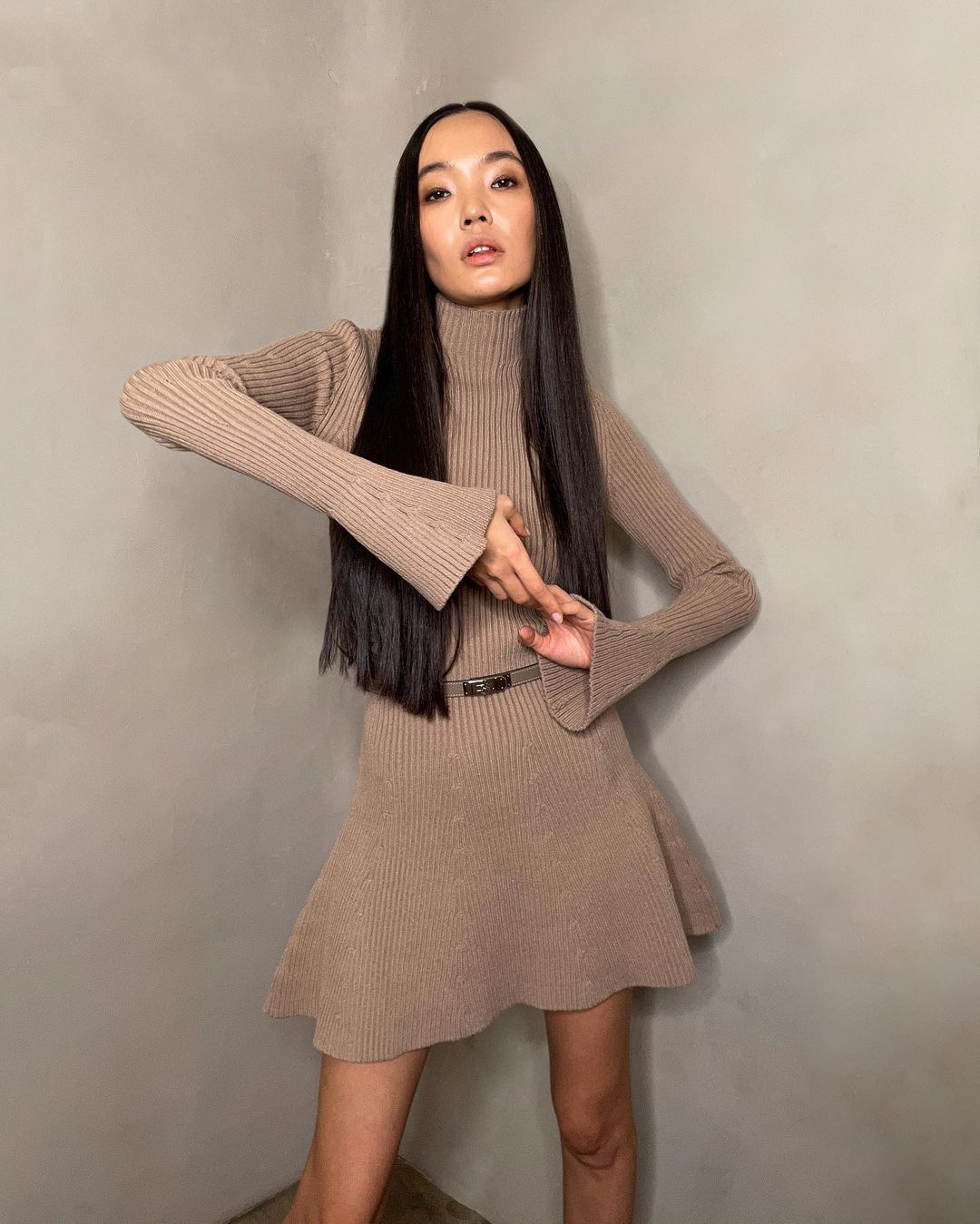 Women's Long Sleeve Waist Trimming Solid Color Dresses