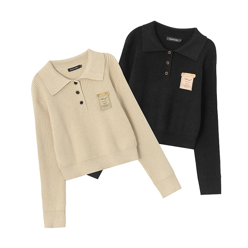 Women's Color Lapel Korean Style Idle Minimalist Design Knitwear