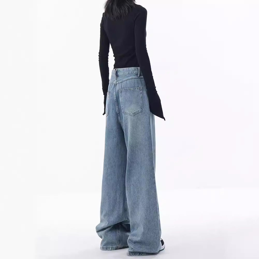 Women's Blue Embroidered Design Loose Mopping Floor Jeans