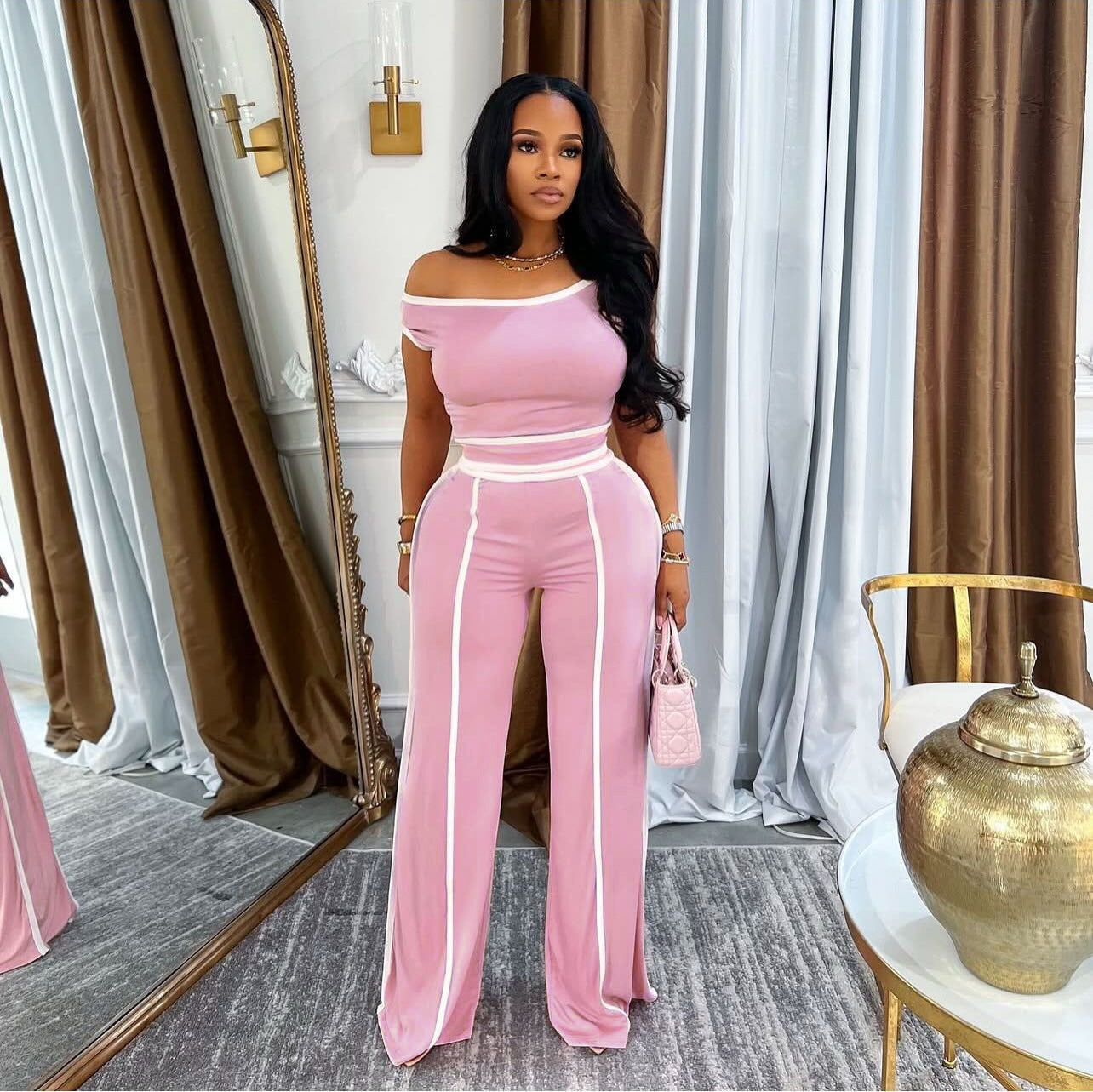 Color Slant Shoulder Wide Leg Two-piece Suits