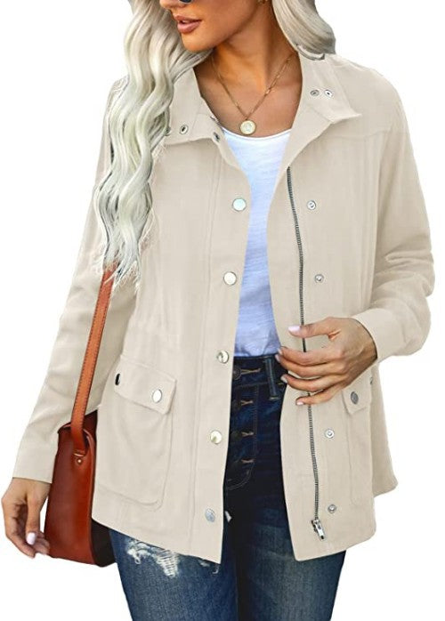 Women's Polo Collar Solid Color Pocket Fastener Coats