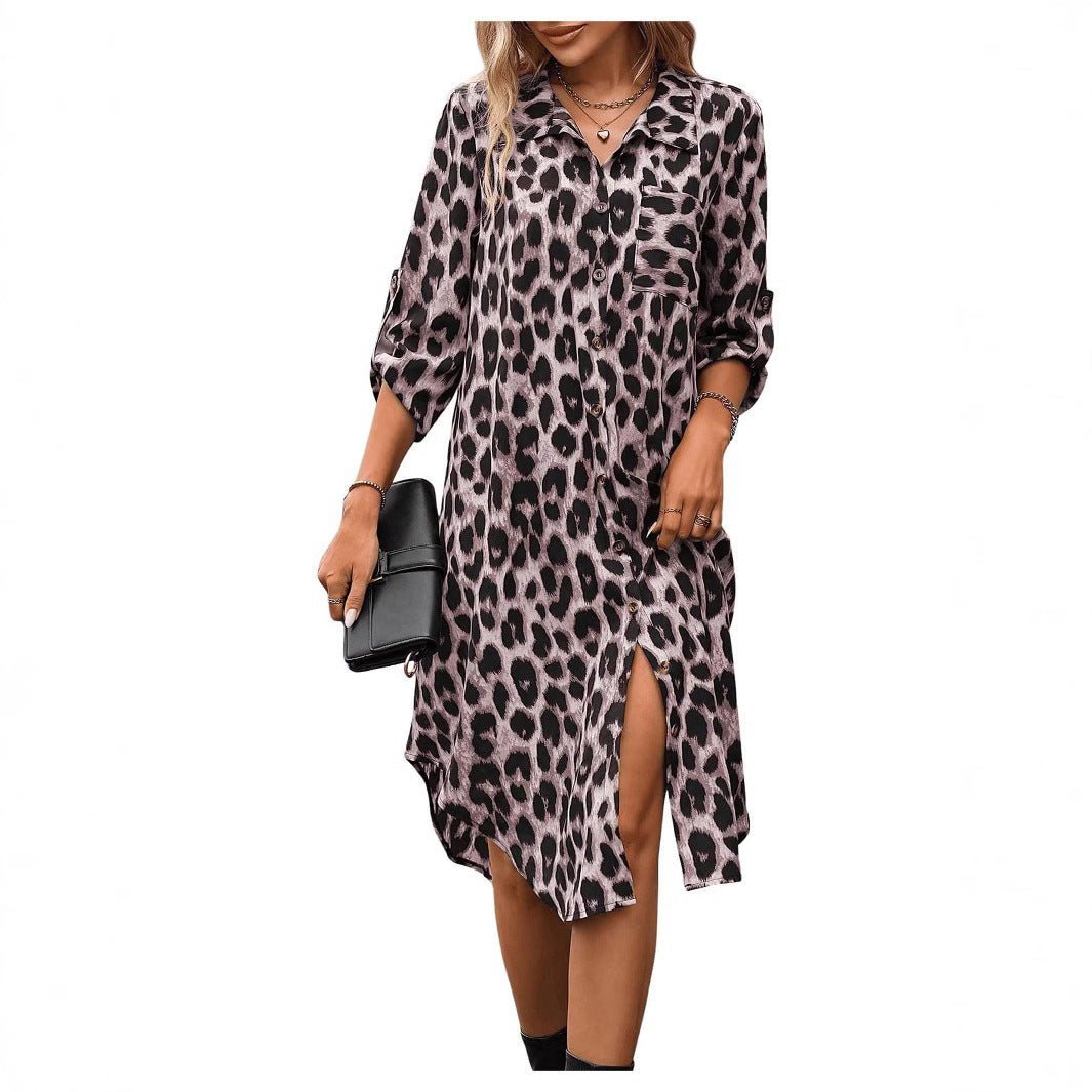Women's Leopard Print Sleeve Shirt Woven Loose Fashion Ladies Slit Dress