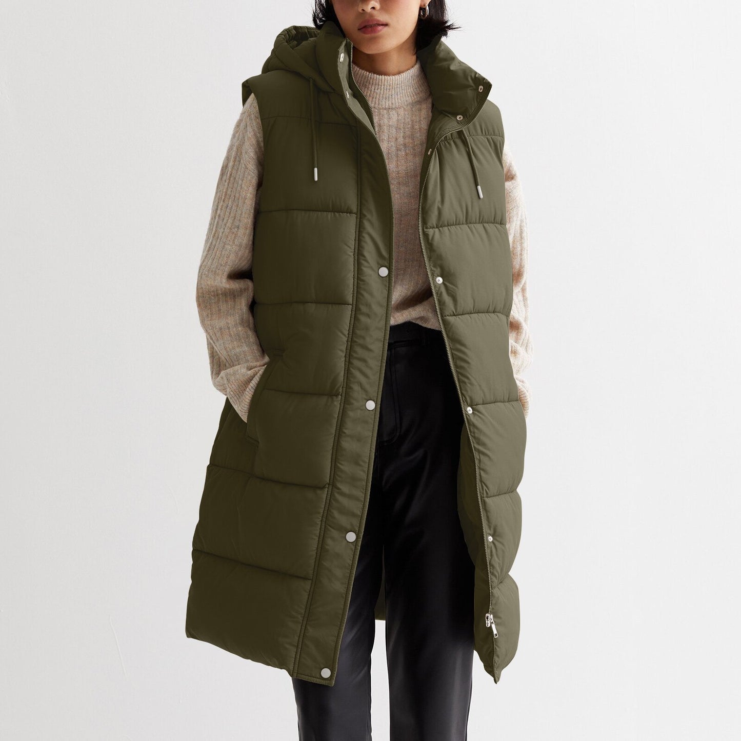 Women's Color Mid-length Hooded Casual Fashion Zipper Vests