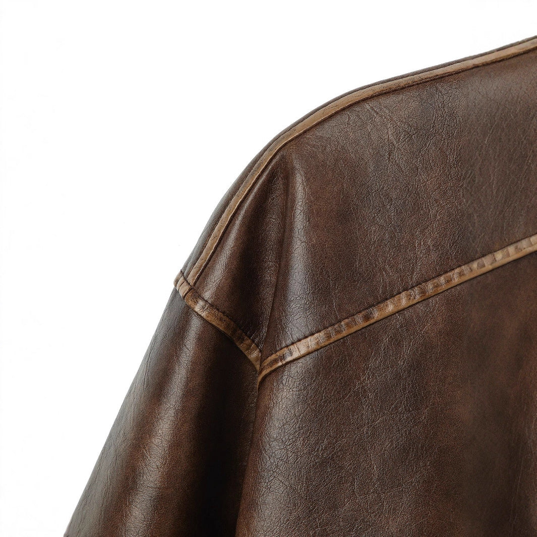 Women's Leather Retro Distressed Loose Cargo Stand Jackets