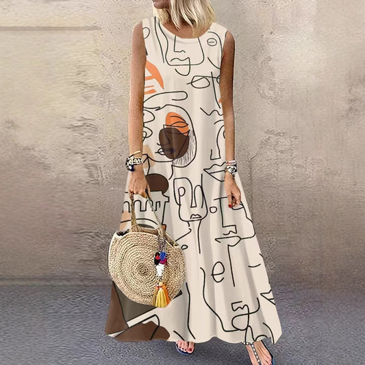 Women's Round Neck Printed Sleeveless Large Long Dress