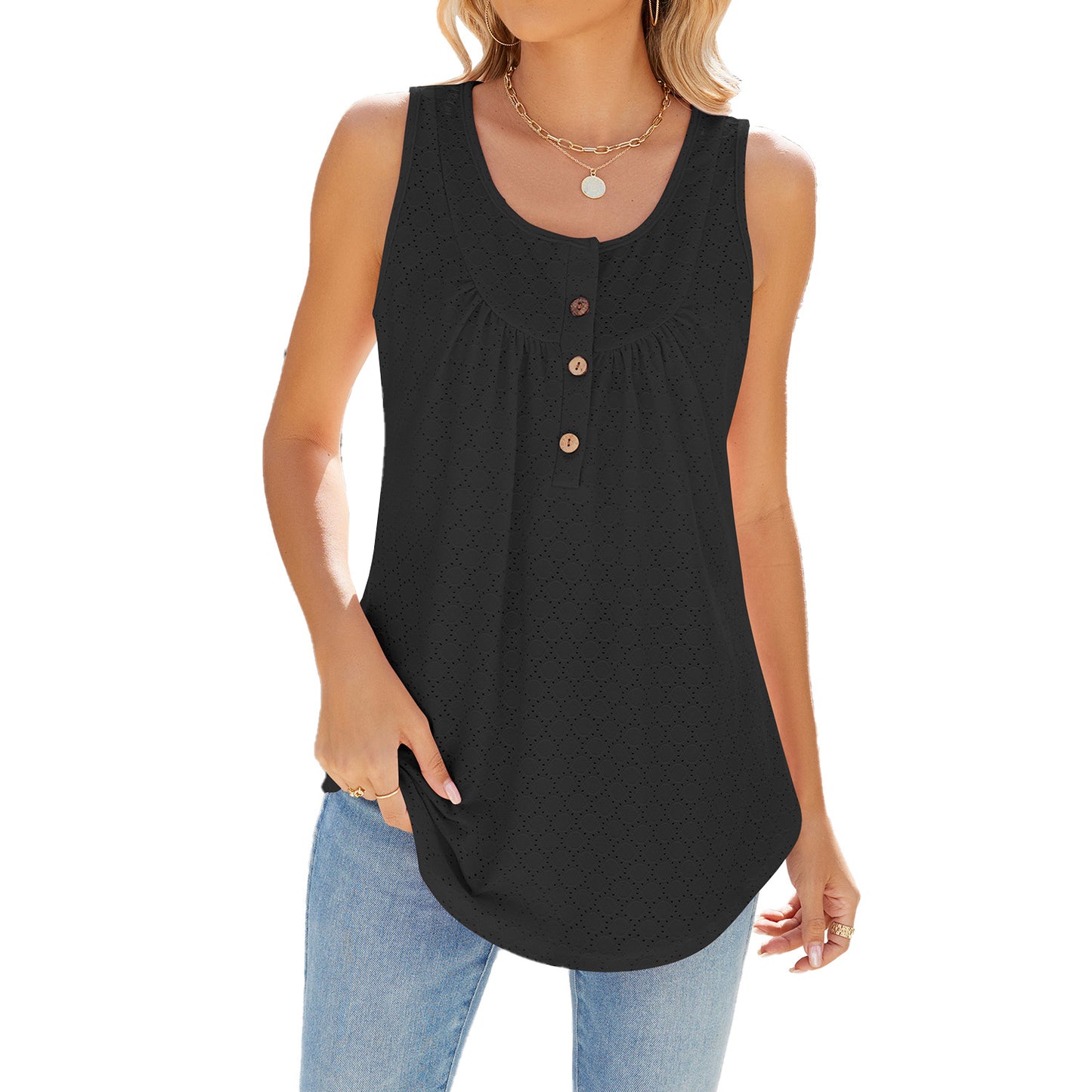 Summer Solid Color Round Neck Button Women's T-shirt
