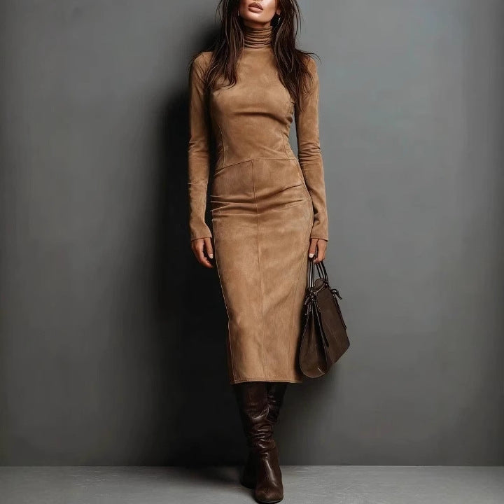 Autumn Retro Turtleneck Long Dress Solid Dresses