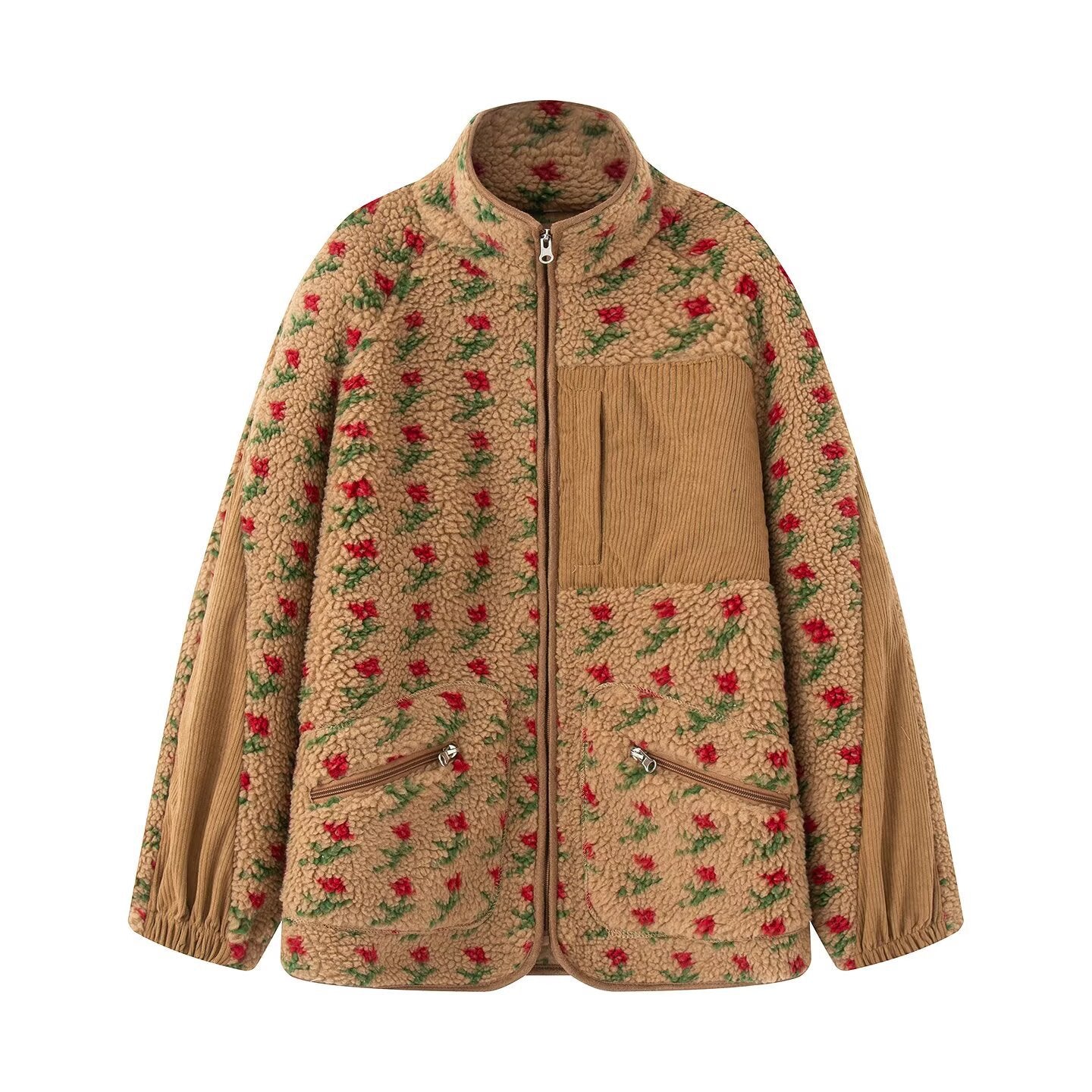 Women's Floral Stand Collar Loose Zip Sweaters