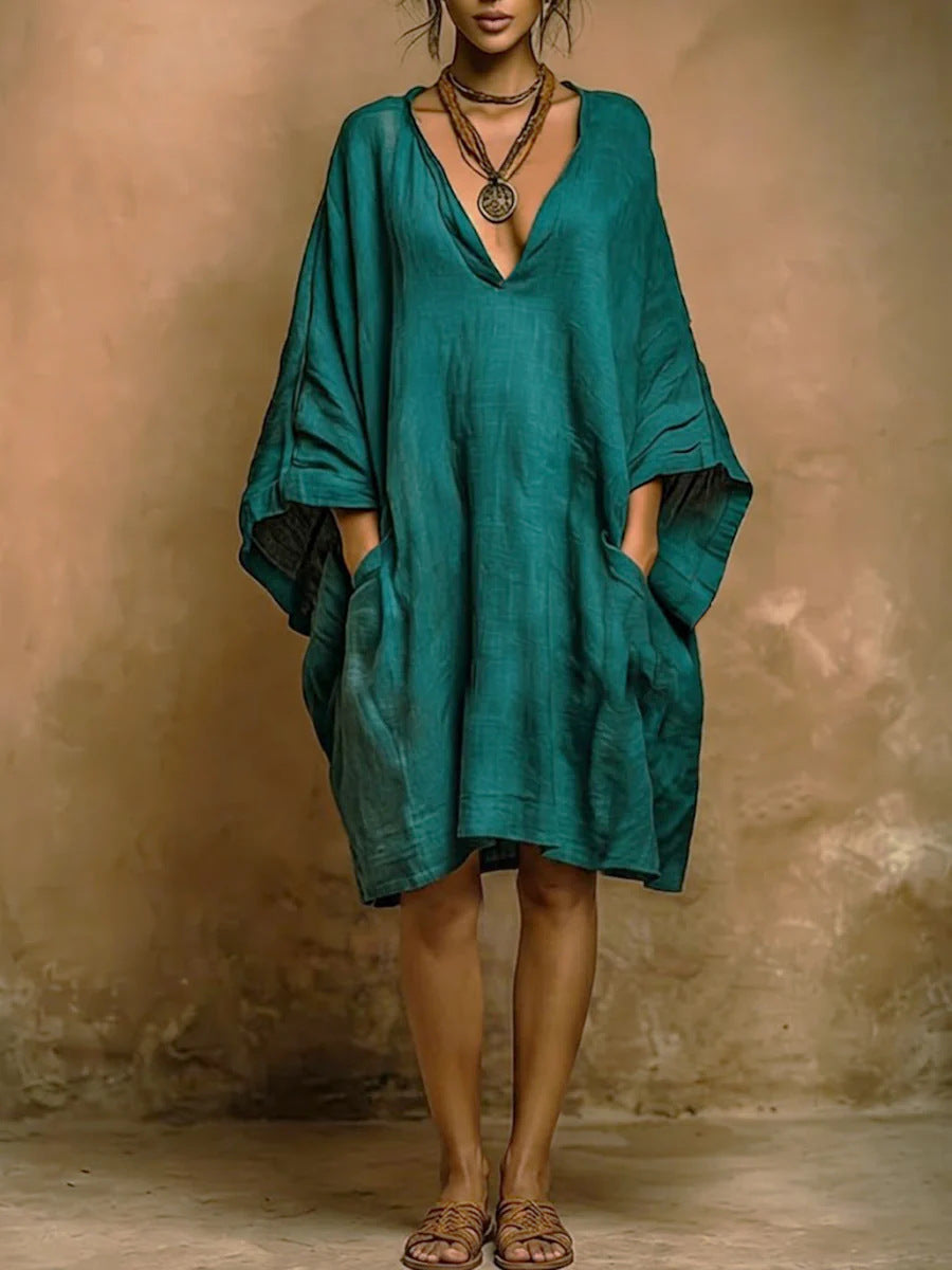 Fashion Imitation Cotton Linen Batwing Shirt Dress