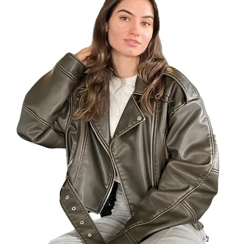 Women's Autumn Retro Lapel Pu Motorcycle Jackets