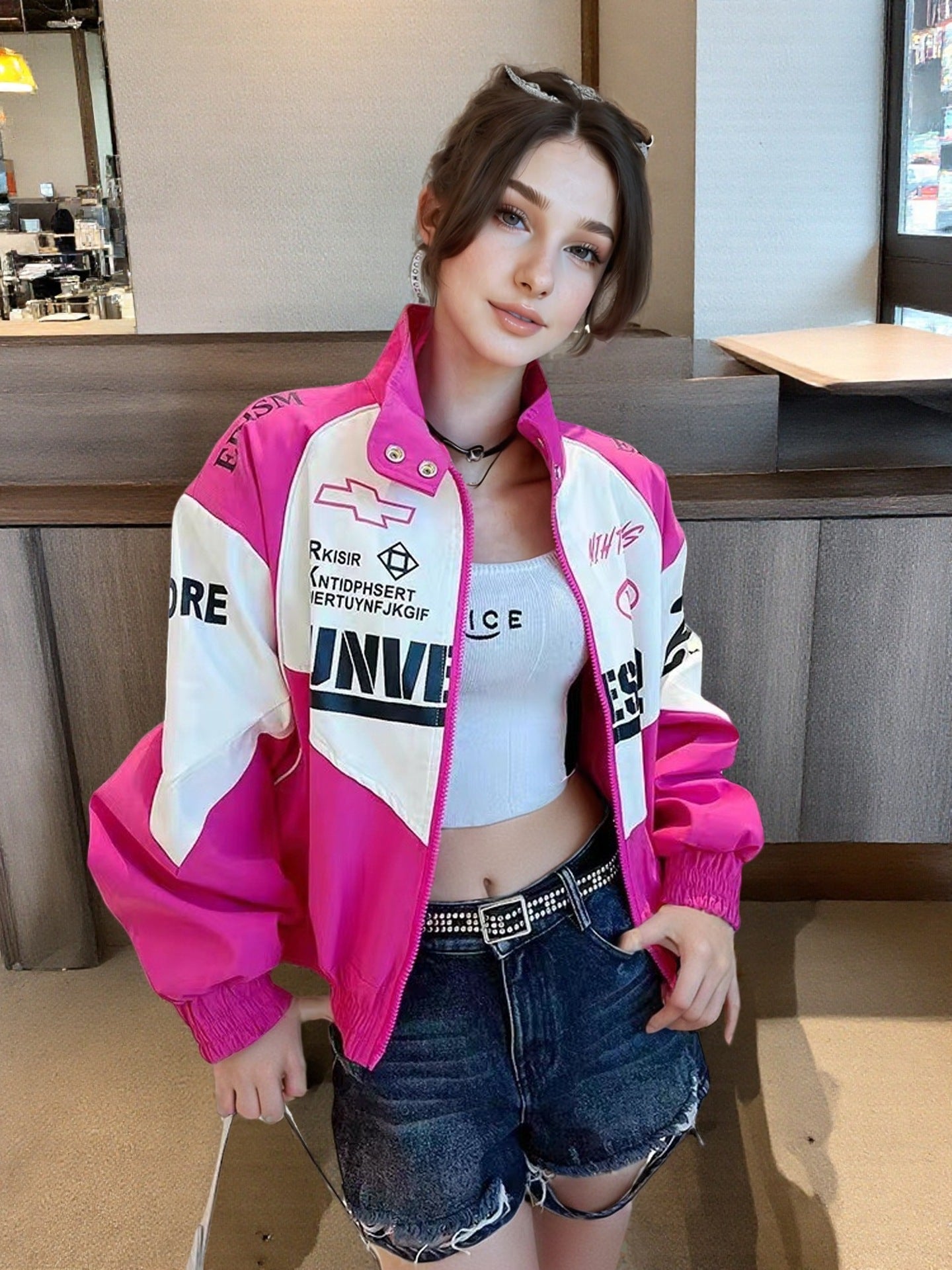 Women's American Retro Small Motorcycle Rose Pink Jackets