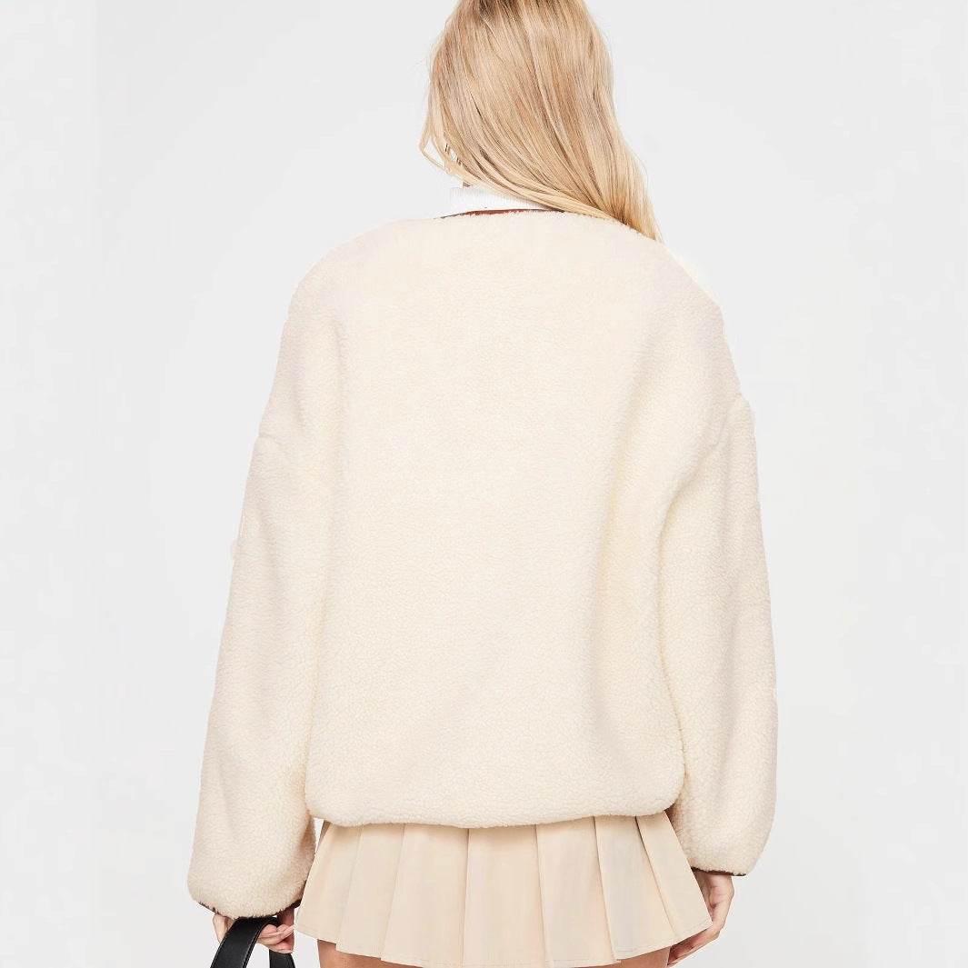 Women's Thickened Fleece Leather Ring Round Neck Long Sleeve Coats