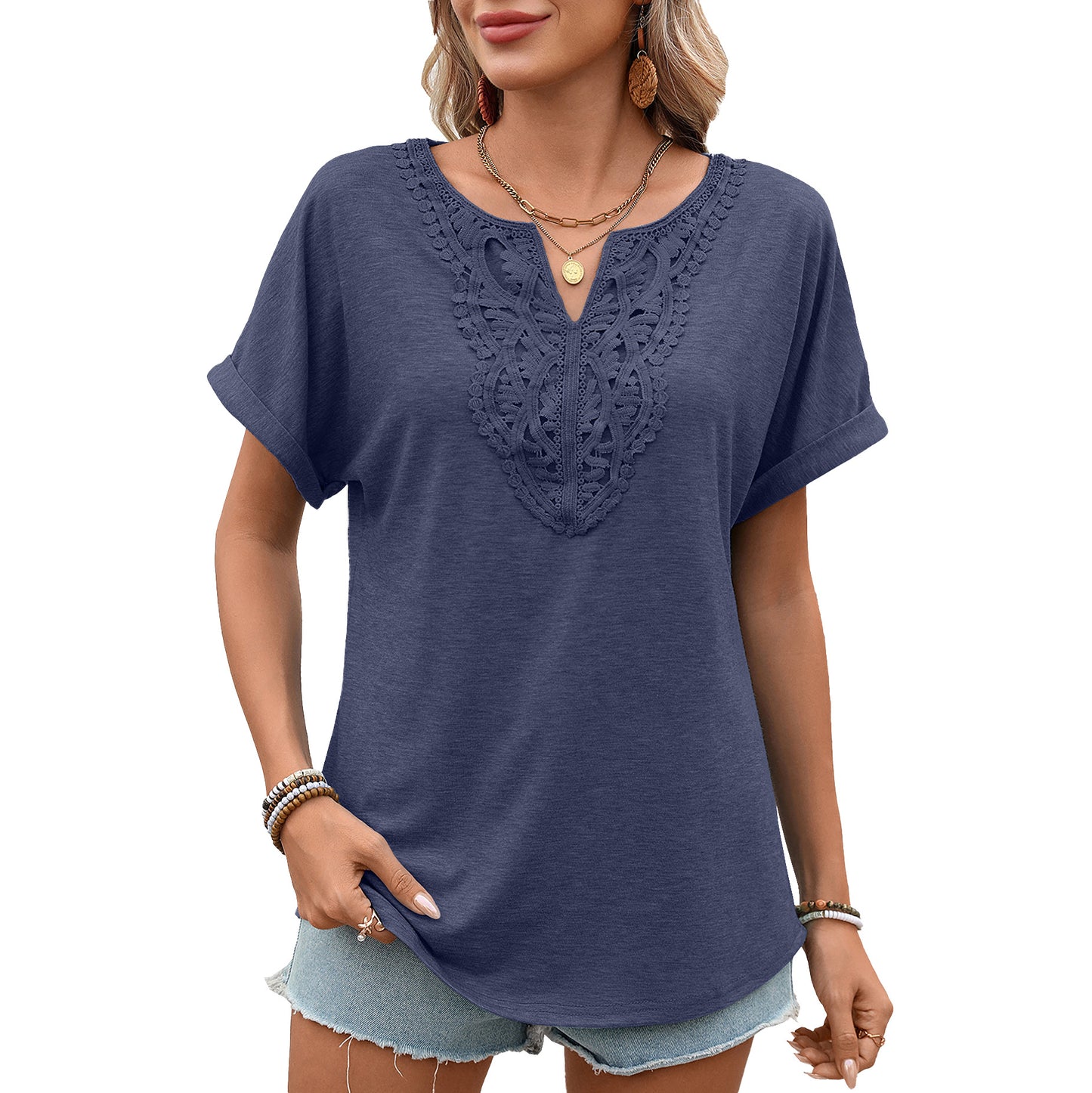 Women's Solid Color Lace Loose Sleeve Women's T-shirt