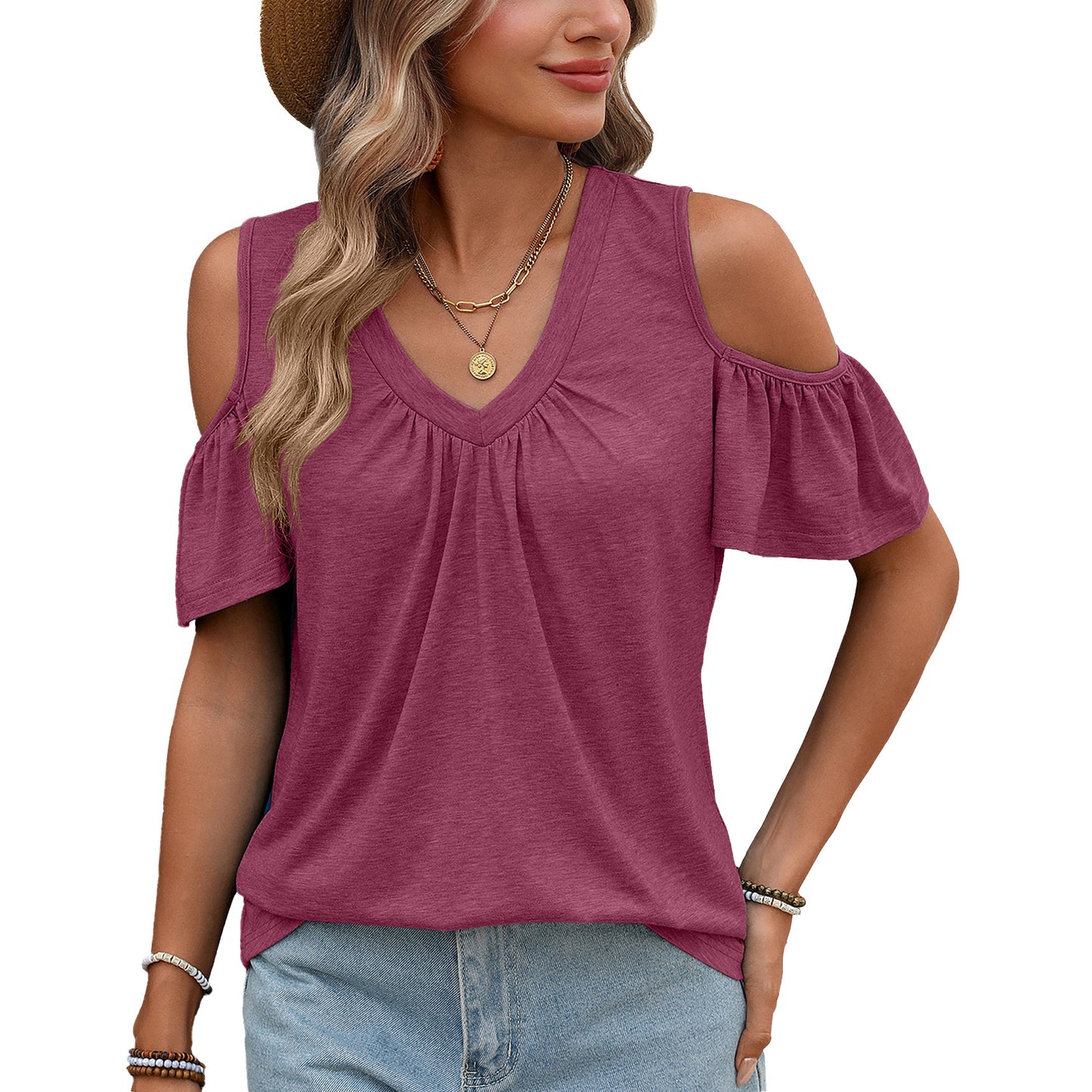 Trendy Solid Color Pleated Loose Sleeve Women's T-shirt