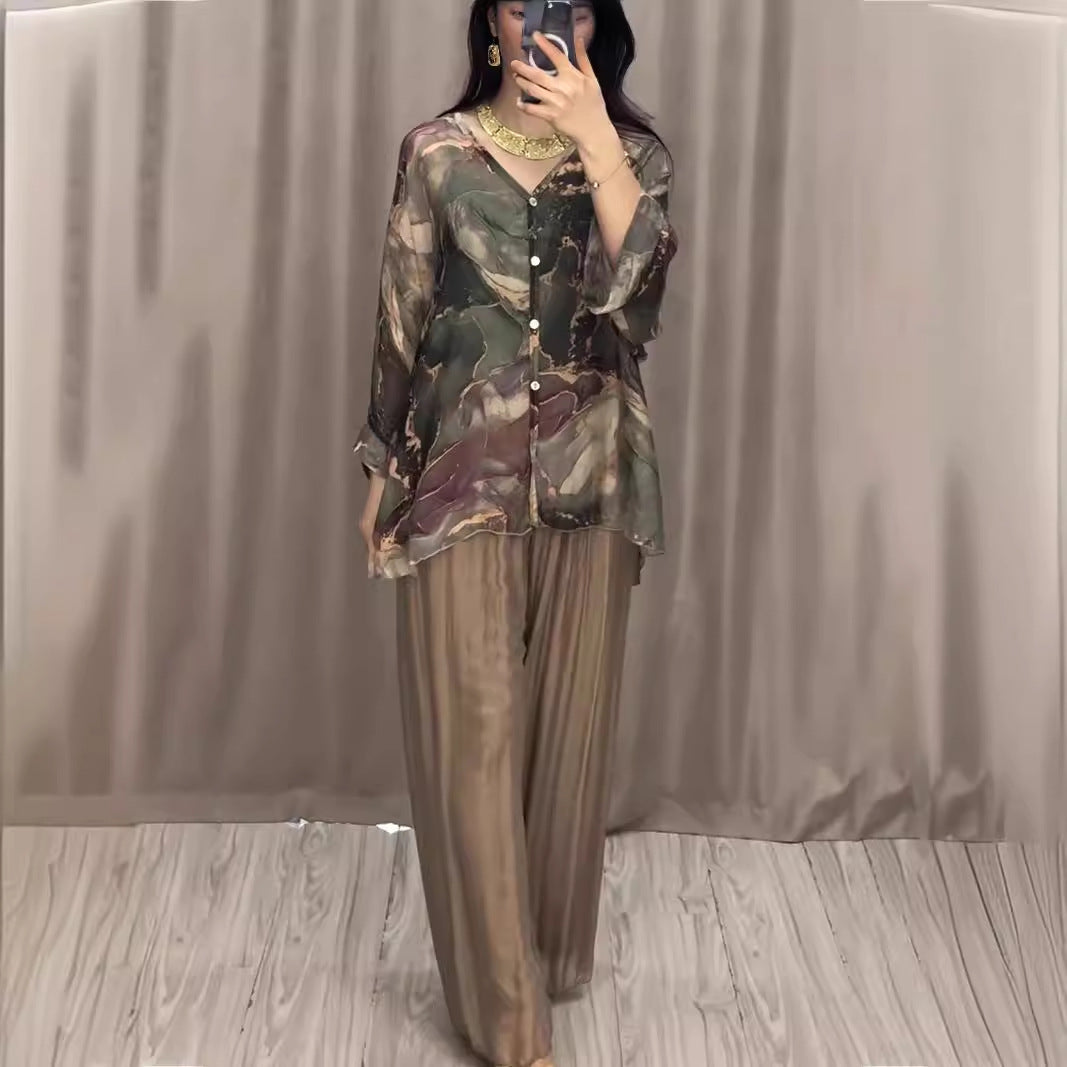 Women's Spring Fashion Printed Shirt Wide Leg Tops