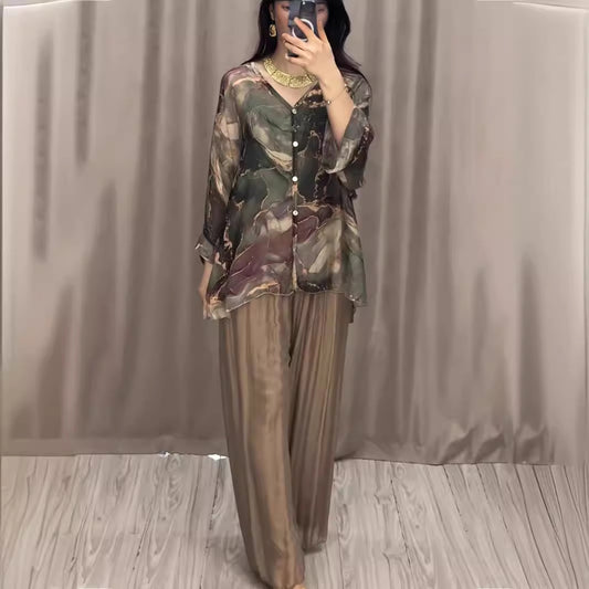 Women's Spring Fashion Printed Shirt Wide Leg Tops