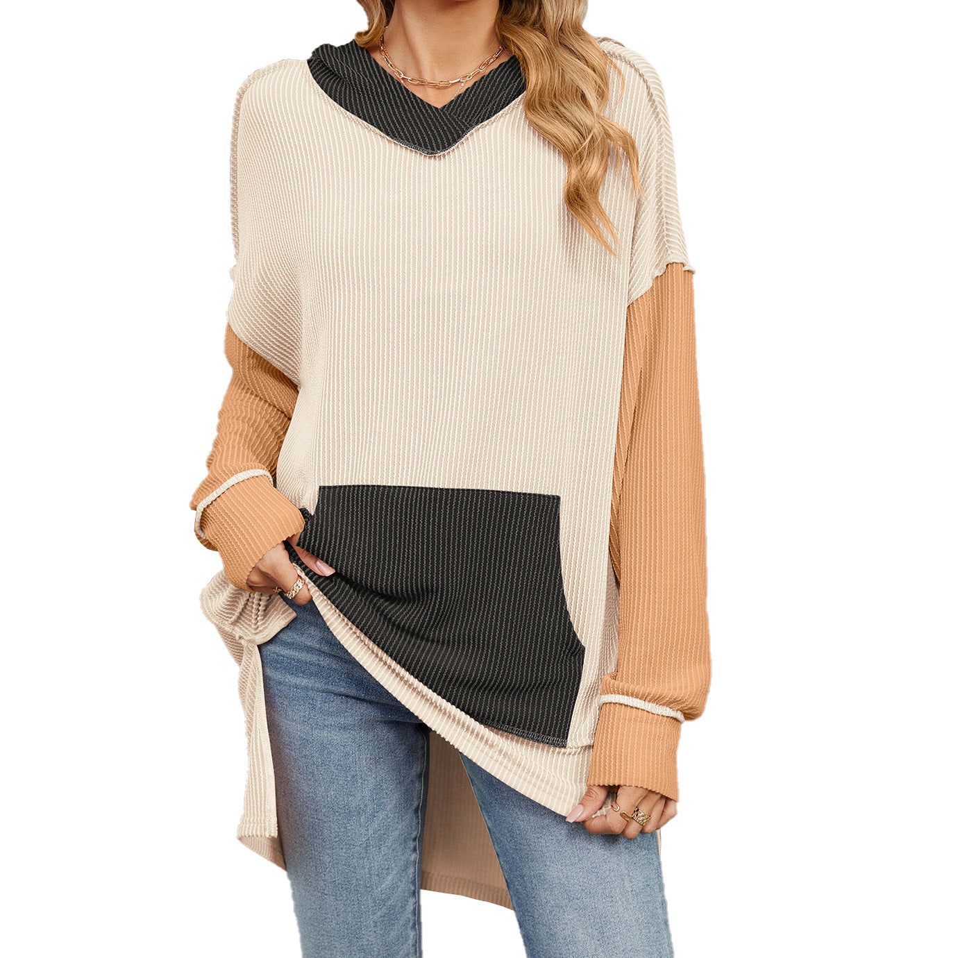 Women's Color Pocket Long Sleeve Loose Hooded Women's Sweater, Sweater