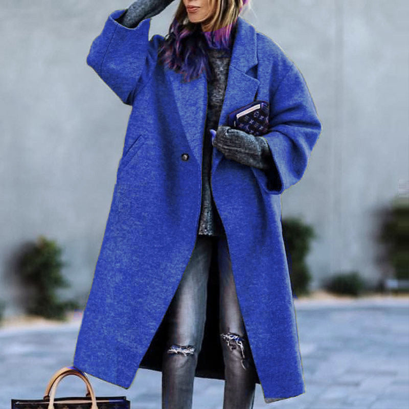 Women's Long Woolen Color Temperament Commute No Belt Lapel Loose Coats
