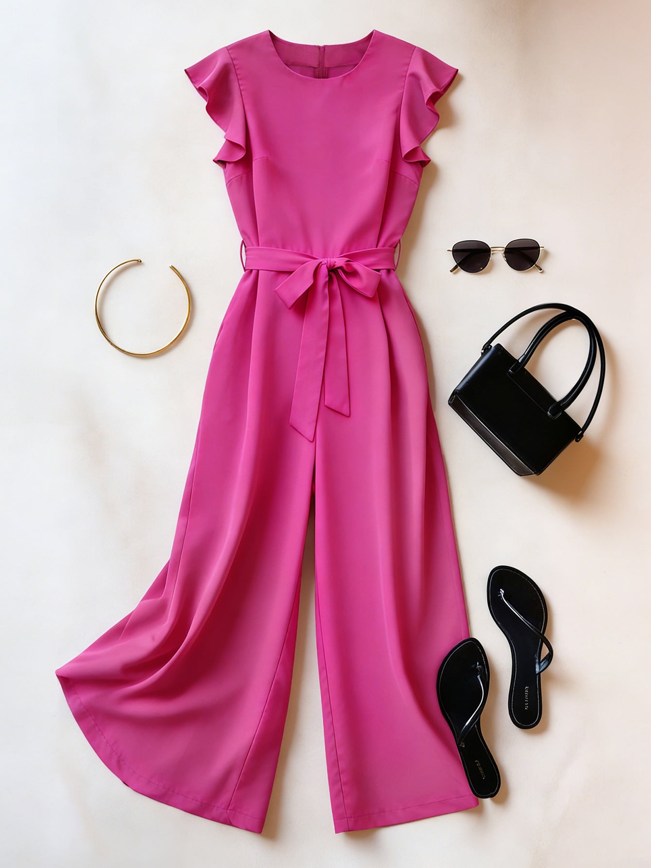 Attractive Women's Ruffle Sleeve Solid Color Jumpsuits