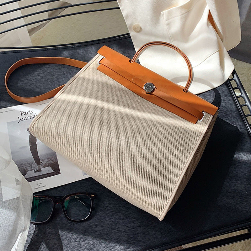 Cowhide Canvas Color Matching Design Large Handbags