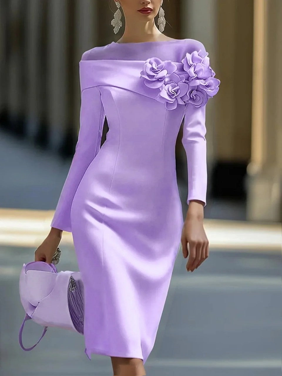 Women's Side Three-dimensional Flower Decoration Solid Color Dresses