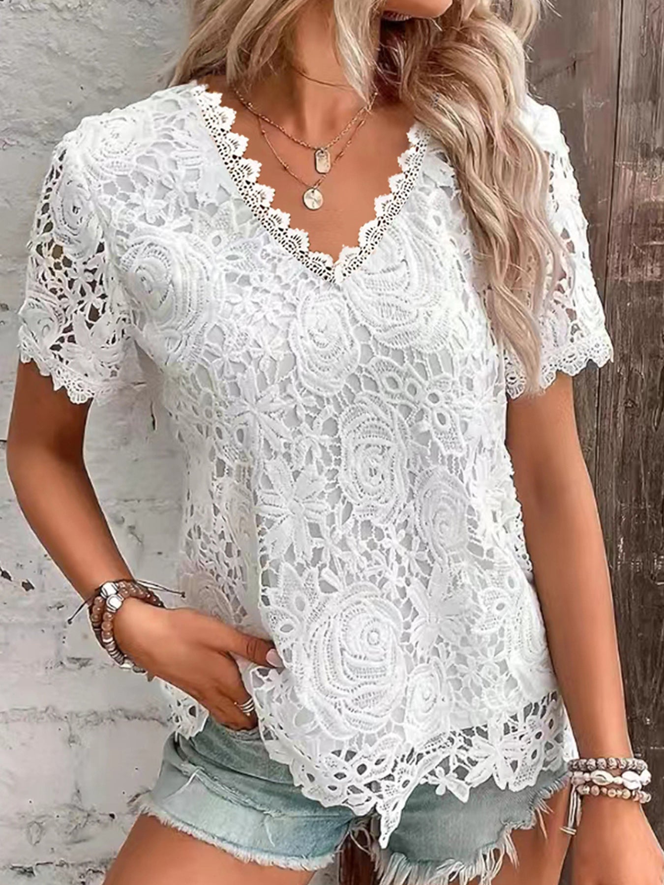 Classy Slouchy Women's Fashion Lace Sleeve Women's T-shirt