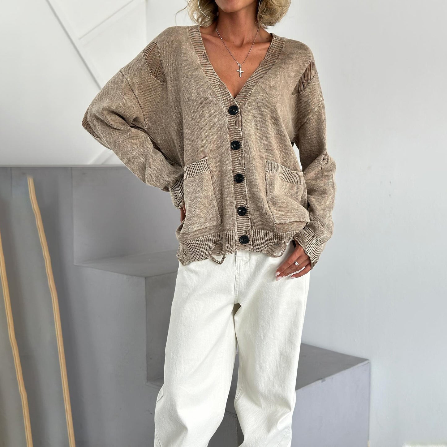 Women's American Knitted With Washed Broken Woolen Sweaters