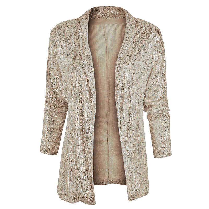 Women's Spring Sequined Long Sleeve Elegant Mid-length Lapel Color Small Suit