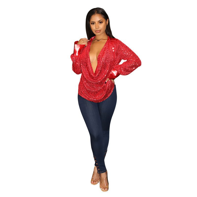 Women's Sequined Pleated Shirt Loose Casual Long Blouses