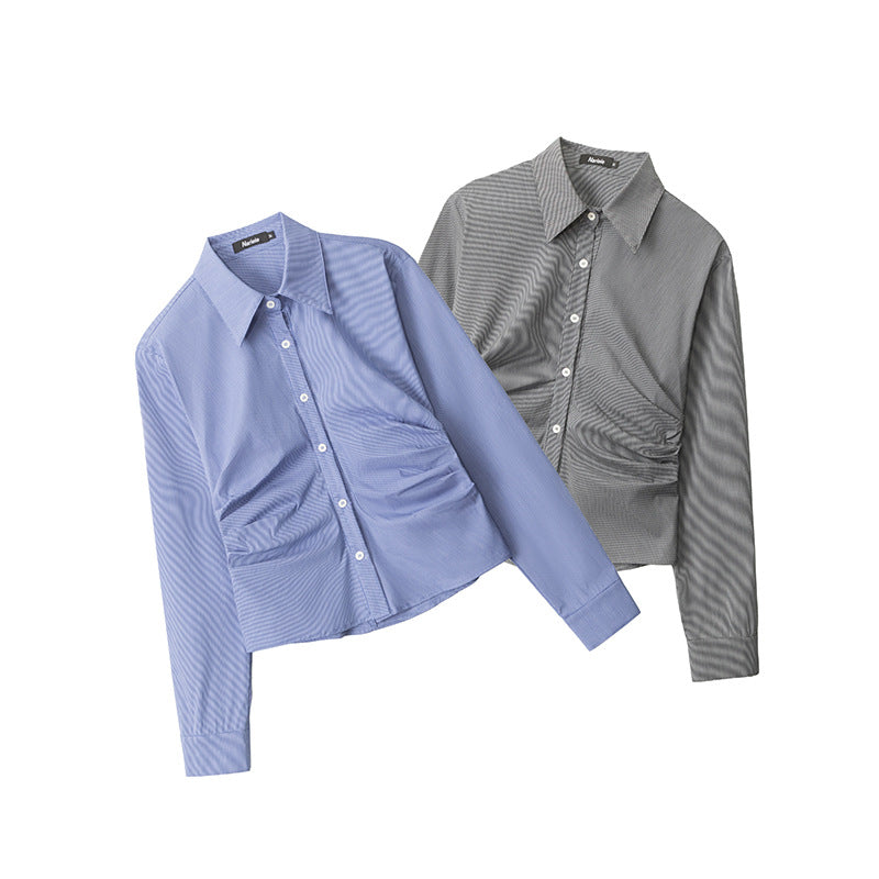 Women's American Slim Fit Slimming Waisted Long-sleeved Shirt Blouses