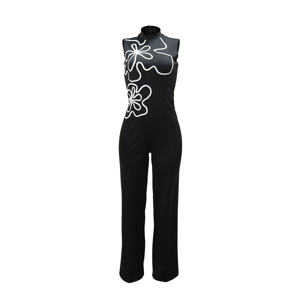 Women's Neck Sexy Sleeveless Flower Design Slim Fit Jumpsuits
