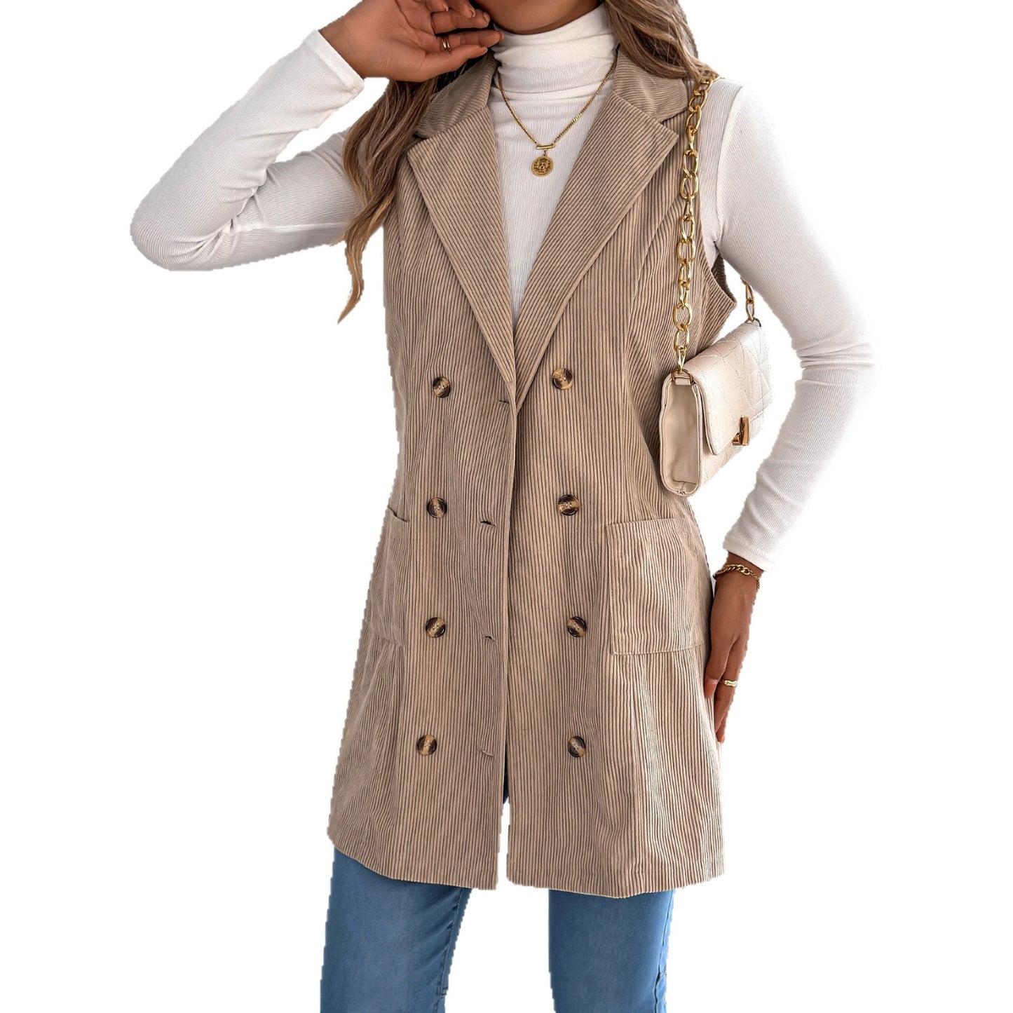 Women's Solid Color Double Breasted Pocket Corduroy Vests