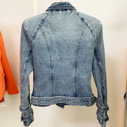 Women's Lion Buckle Double Zipper Washed Denim Jackets