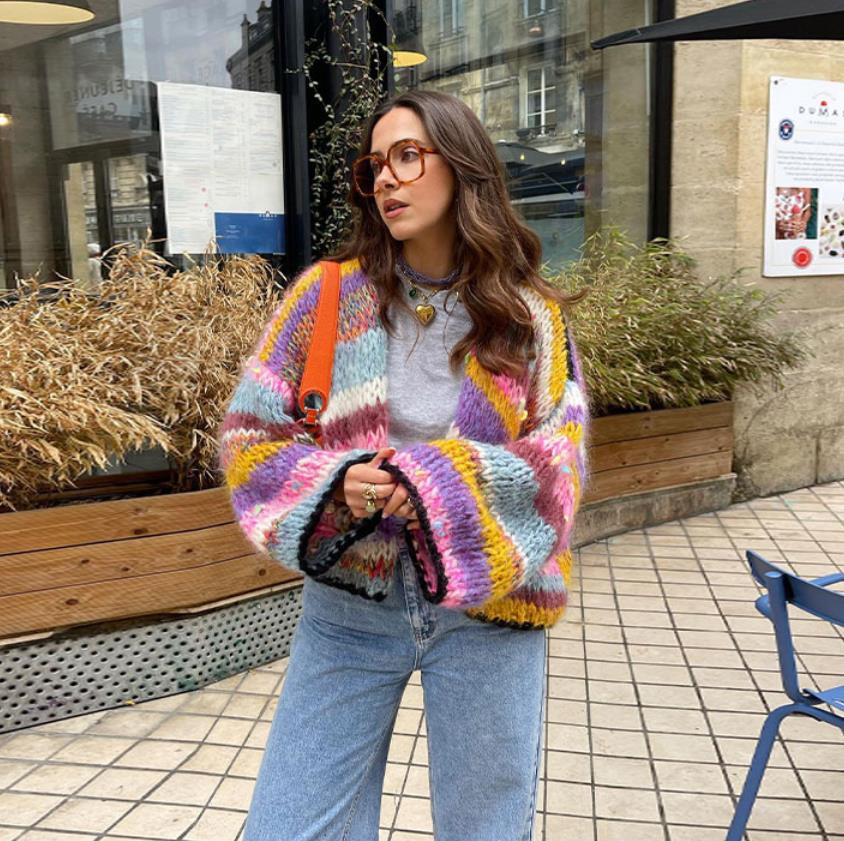 Striped Long Sleeve Rainbow Plaid Handmade Coats