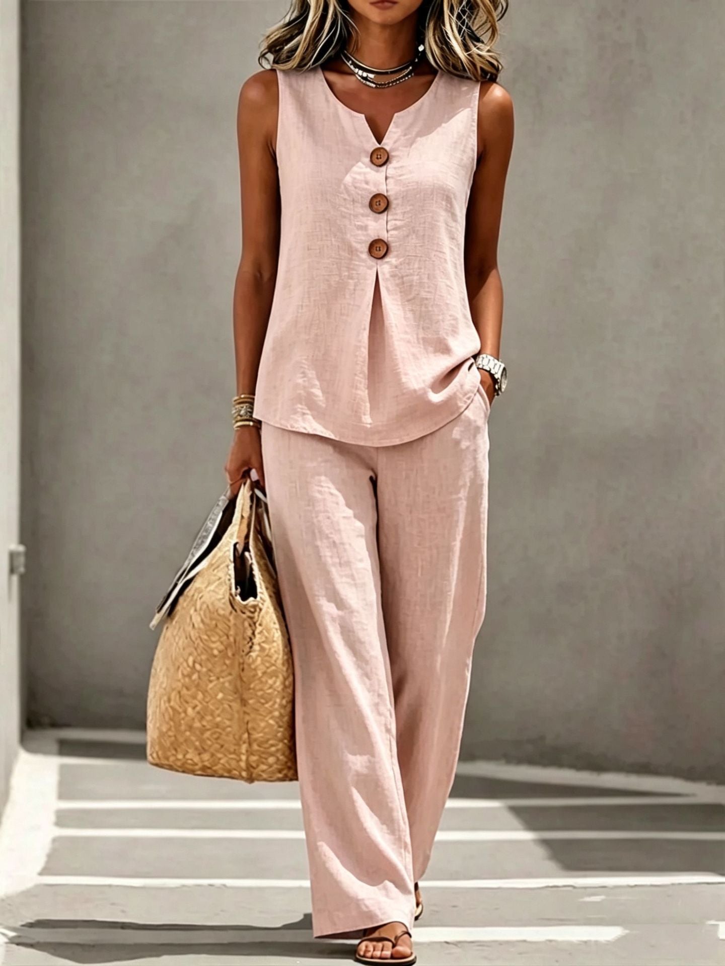 Women's Summer Cotton Linen Sleeveless Buttons Wide Fashion Casual Suit