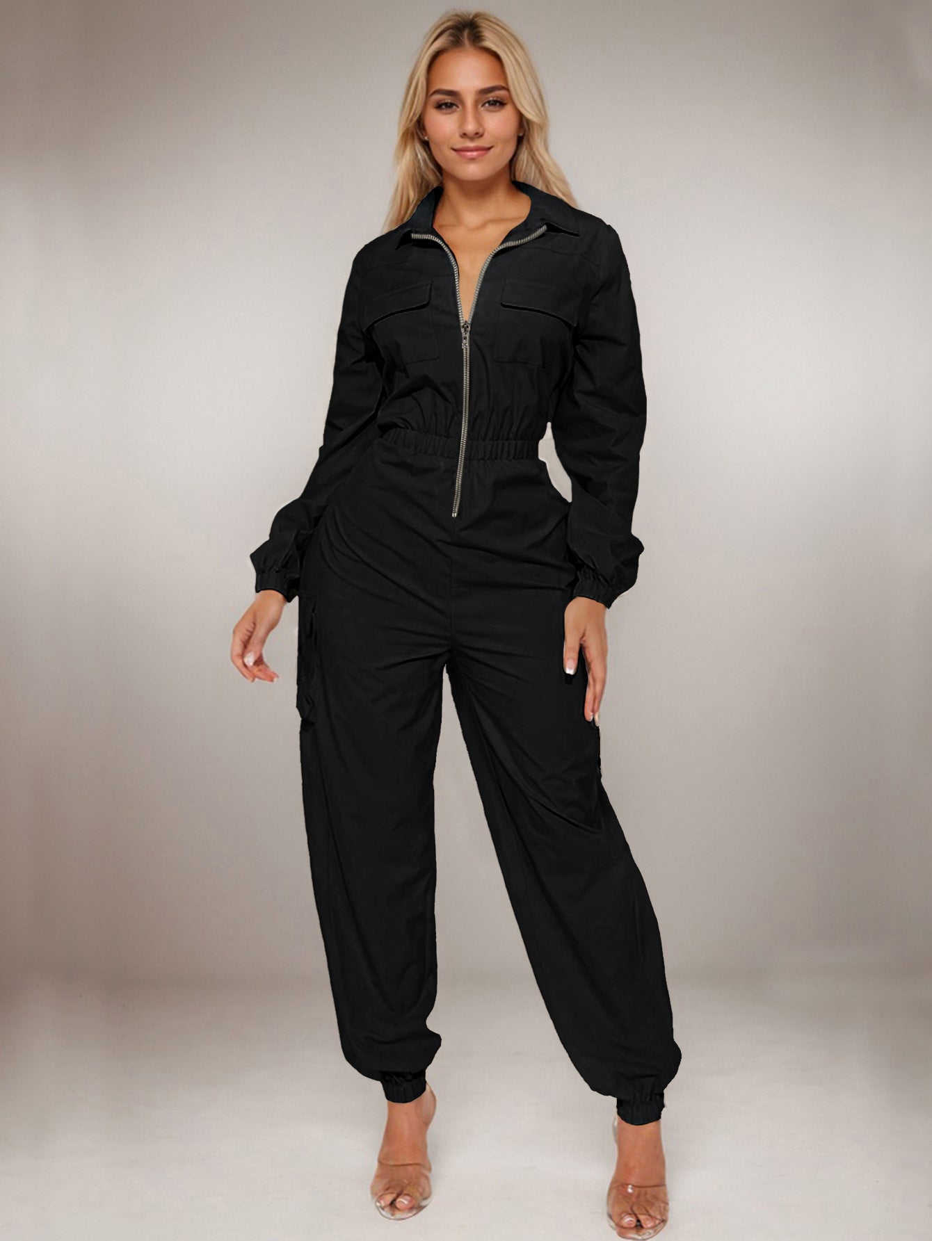 Women's Casual Outing Flip Pocket Coveralls Lapel Jumpsuits