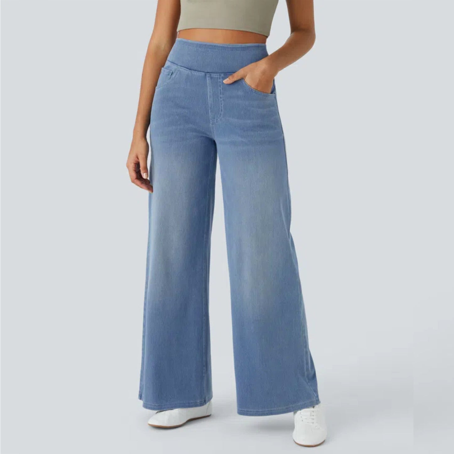 Women's Waist Wide Leg Elastic Straight Slimming Loose Jeans