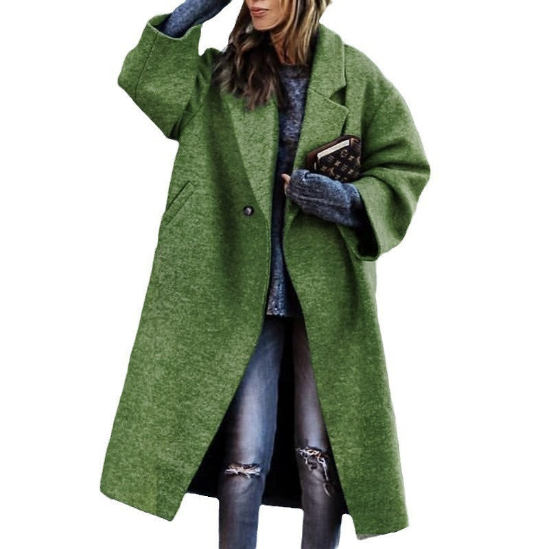 Women's Long Woolen Color Temperament Commute No Belt Lapel Coats
