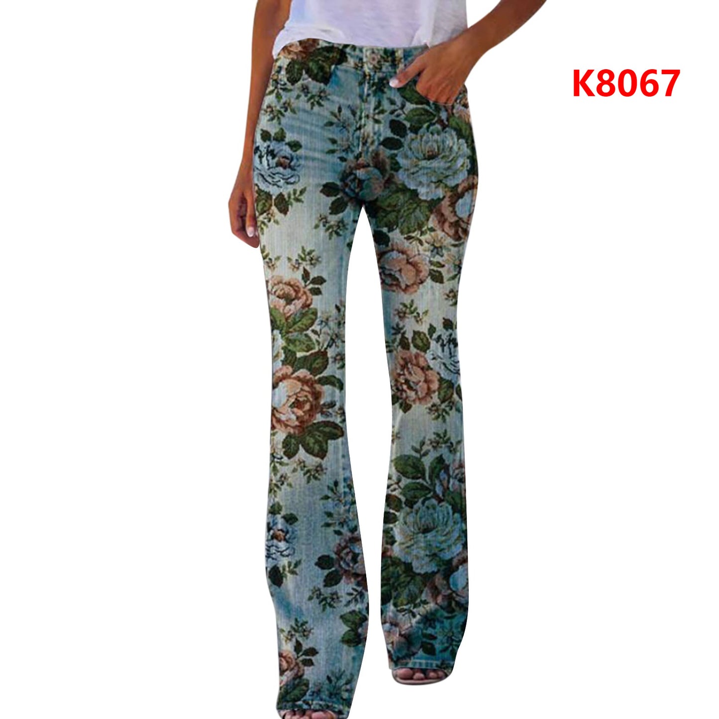 Women's Large Casual Imitation Denim Bell-bottom Floral Women's Jeans