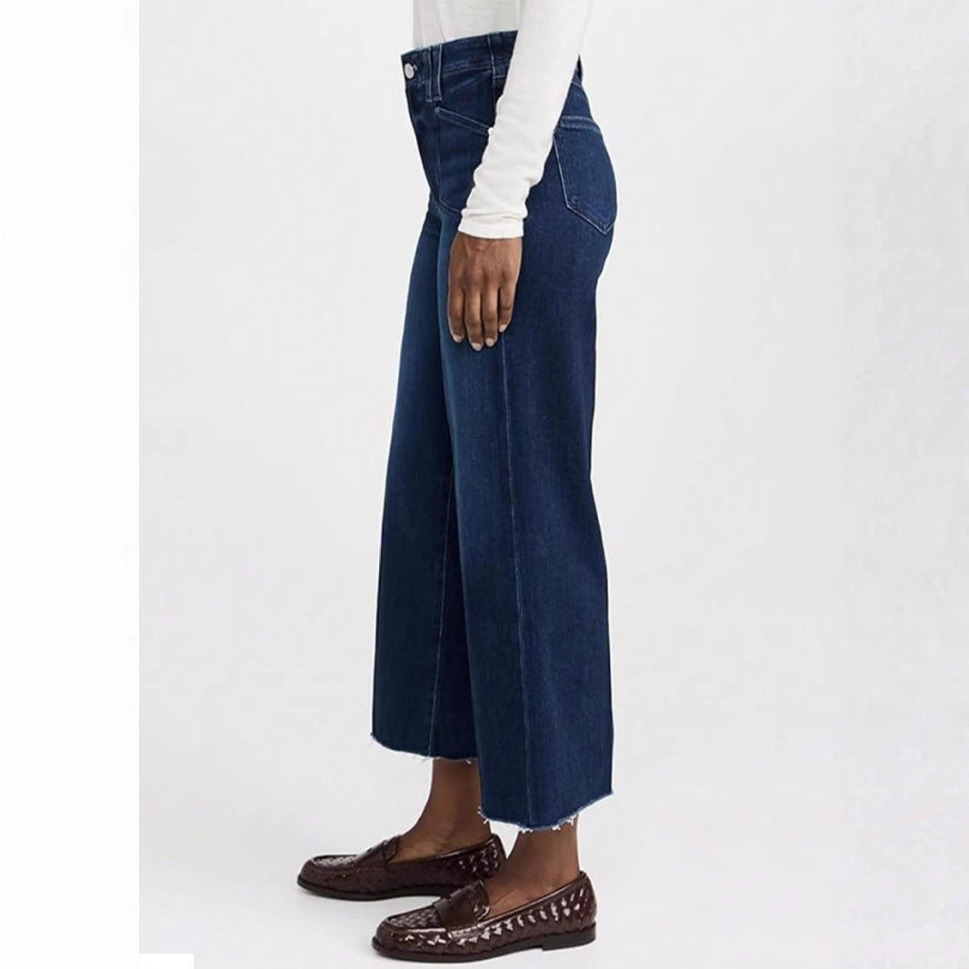 Women's Denim Cropped Straight Wide Leg Flat Pants