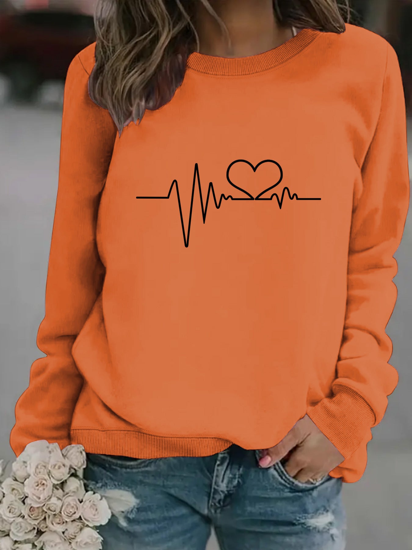 Women's Long-sleeved Round Neck Heartbeat Print Pullover Women's Sweater, Sweater