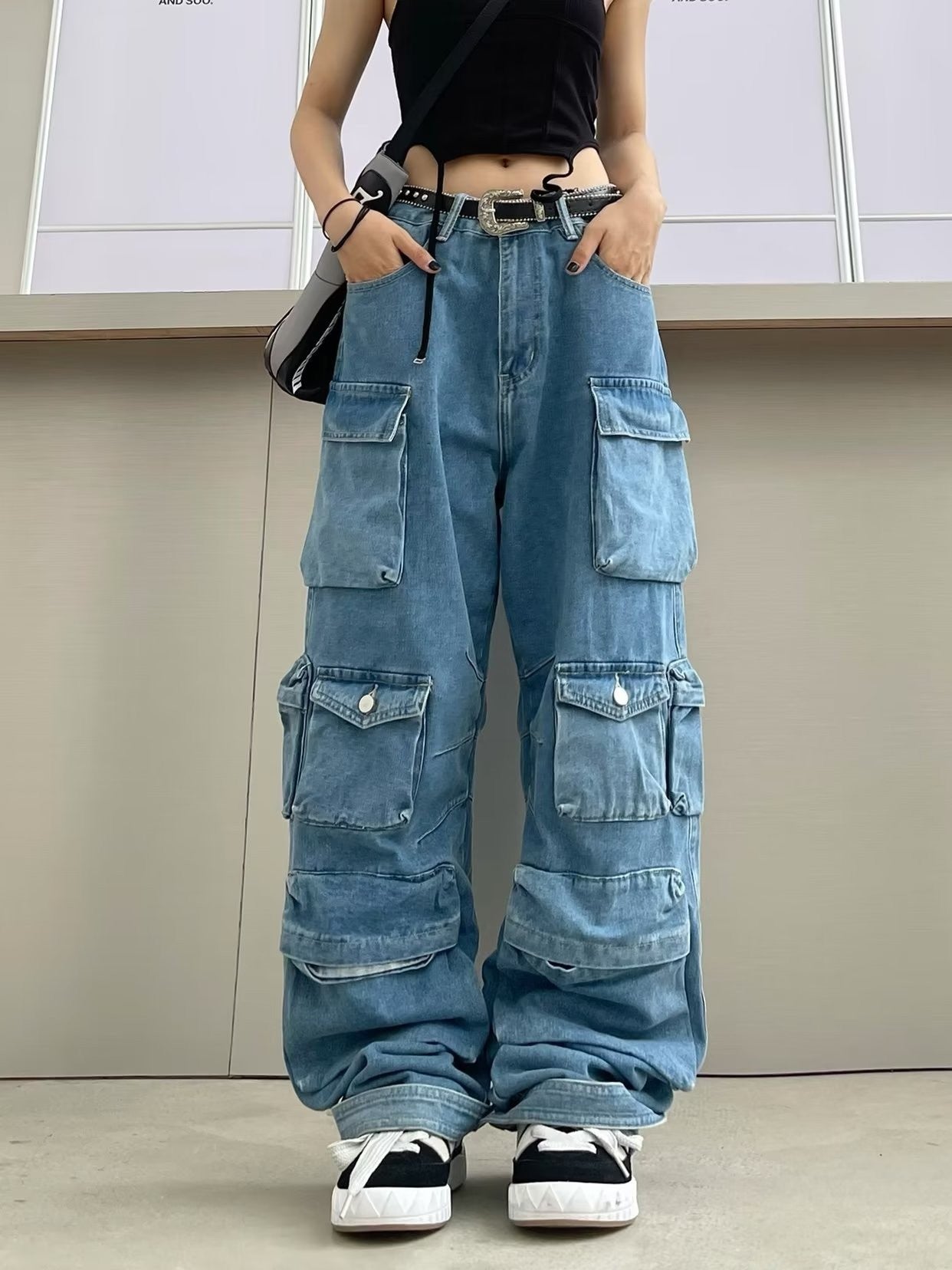 Women's Zipper Light Color Water Scrubbing Overalls Trousers Jeans