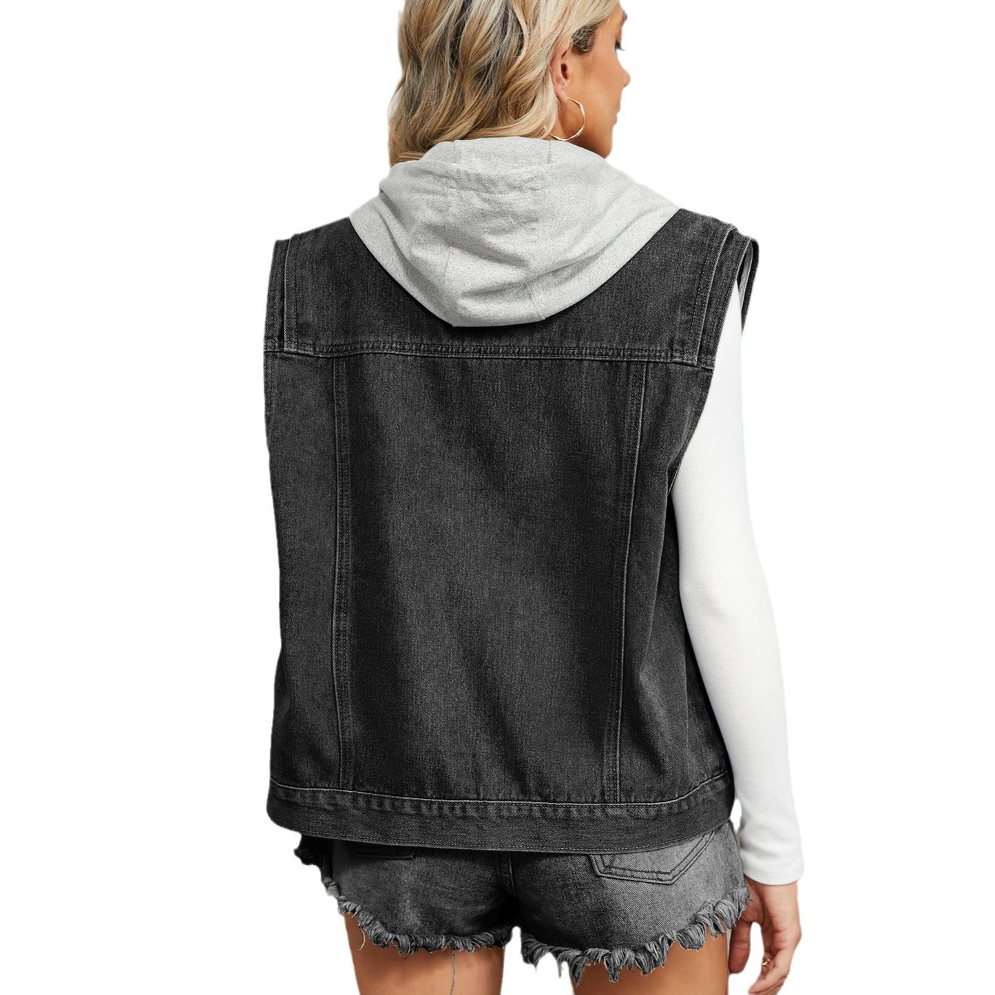 Durable Women's Washed Hooded Denim Waistcoat Tops