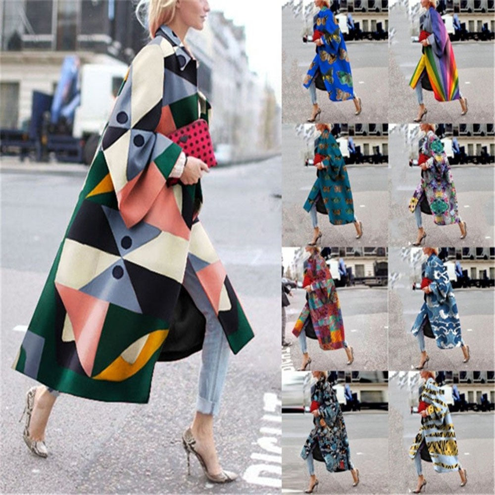 Women's Long Bell Sleeve Printed Loose Trench Coats