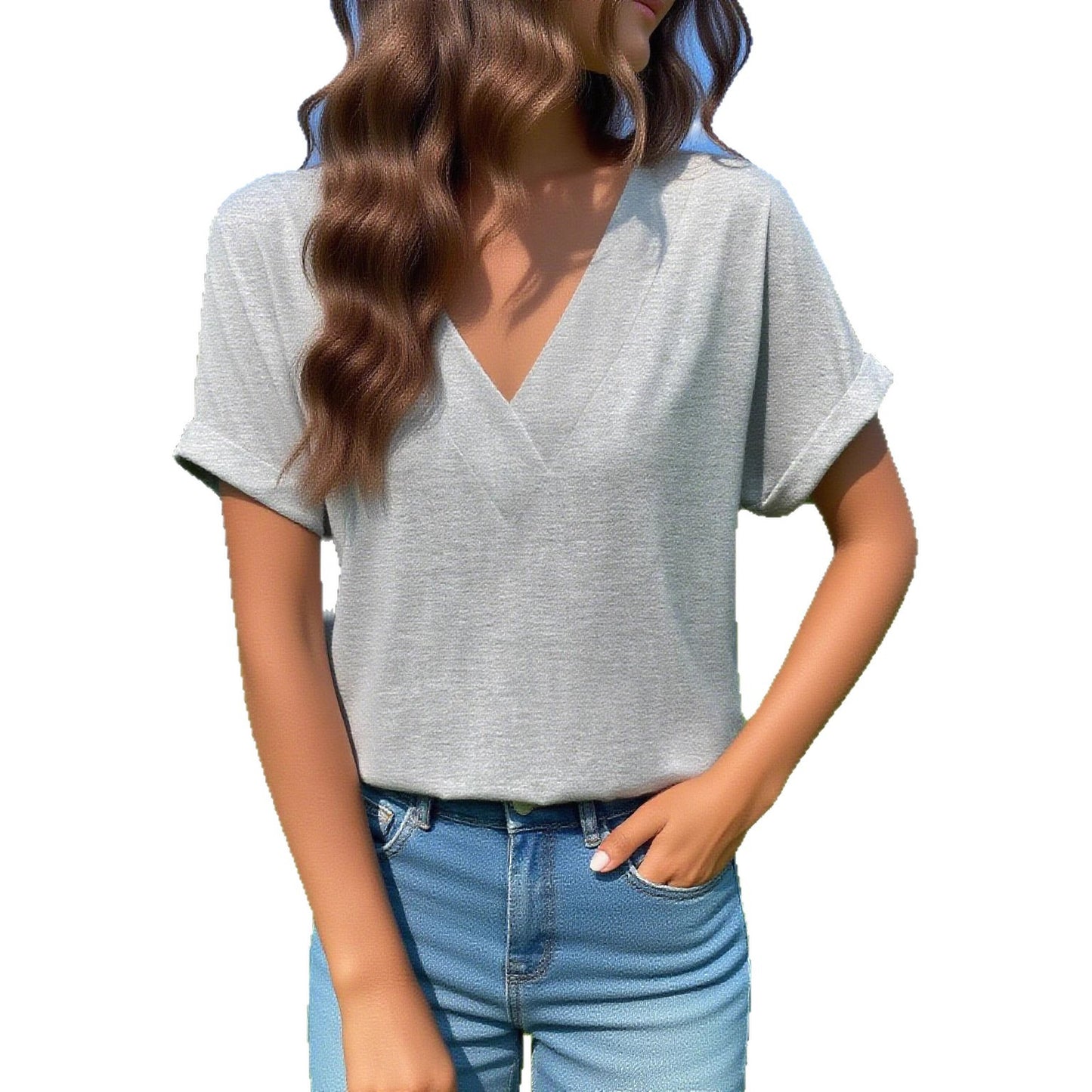 Women's Summer Casual Collar Solid Color Simple Sleeve Curling Loose Women's T-shirt